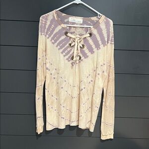 Vintage Havana Cream and Purple Tie-Dye Lace-Up lightweight  sweater (m)